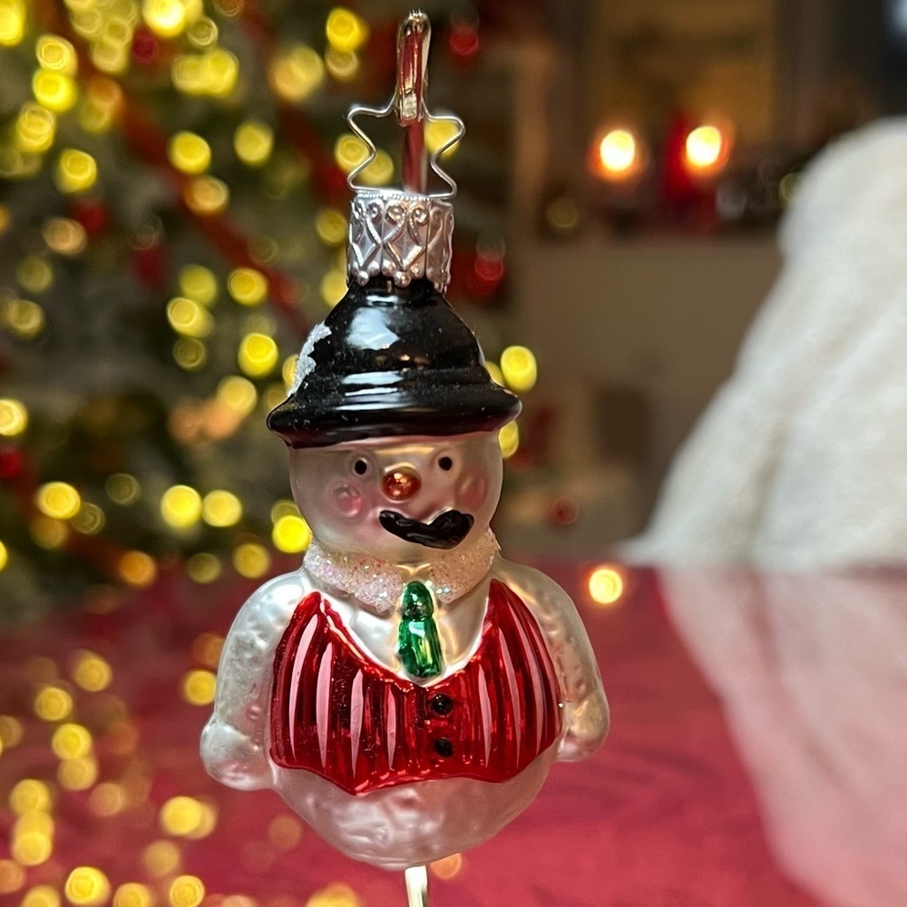 INGE-GLAS Glass Ornament Mercury Christmas Snowman Pipe Tie 3" Winter Frosty